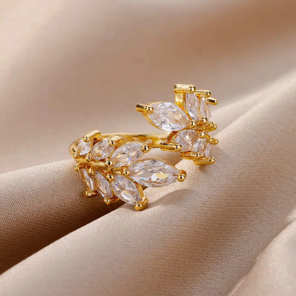 anillo dorado elegante con brillantes acero inoxidable bisuteria mujer jewelry