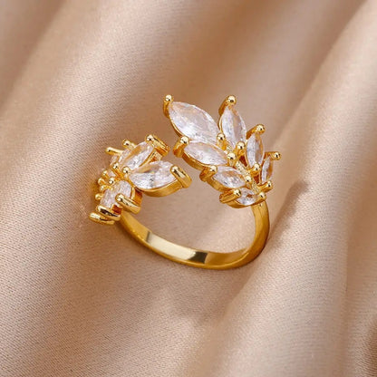 anillo dorado elegante con brillantes acero inoxidable bisuteria mujer jewelry