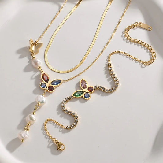 conjunto acero mariposa circonitas inoxidable jewelry trend set  regalo gift cadena chain 