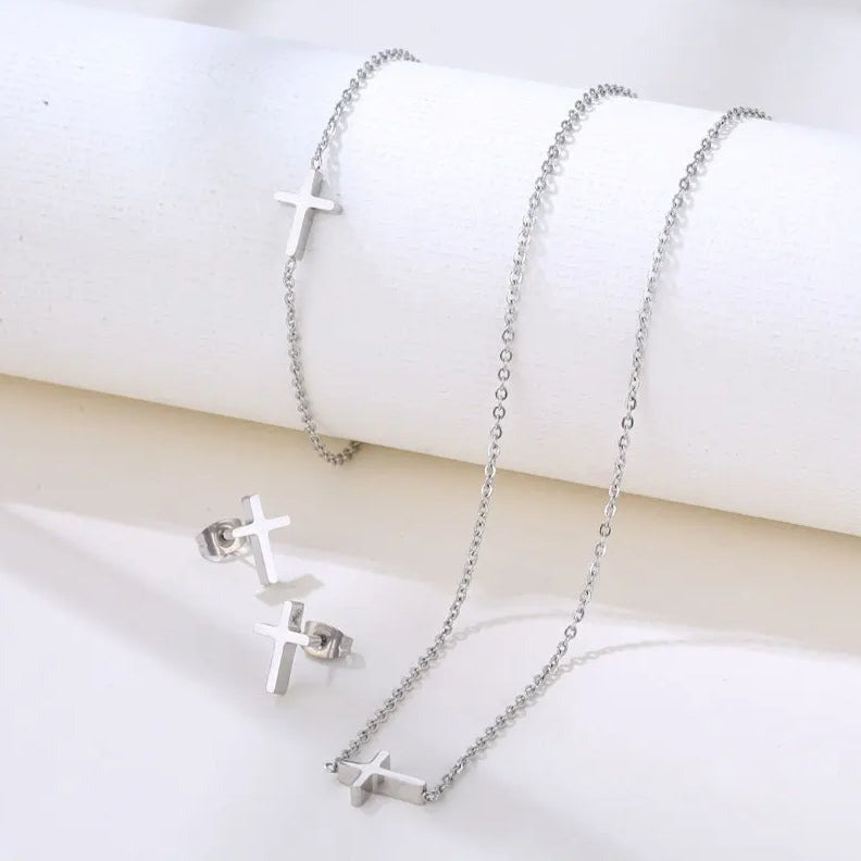 conjunto acero inoxidable cruz regalo religion cross colgante pendientes pulsera trend jewelry set